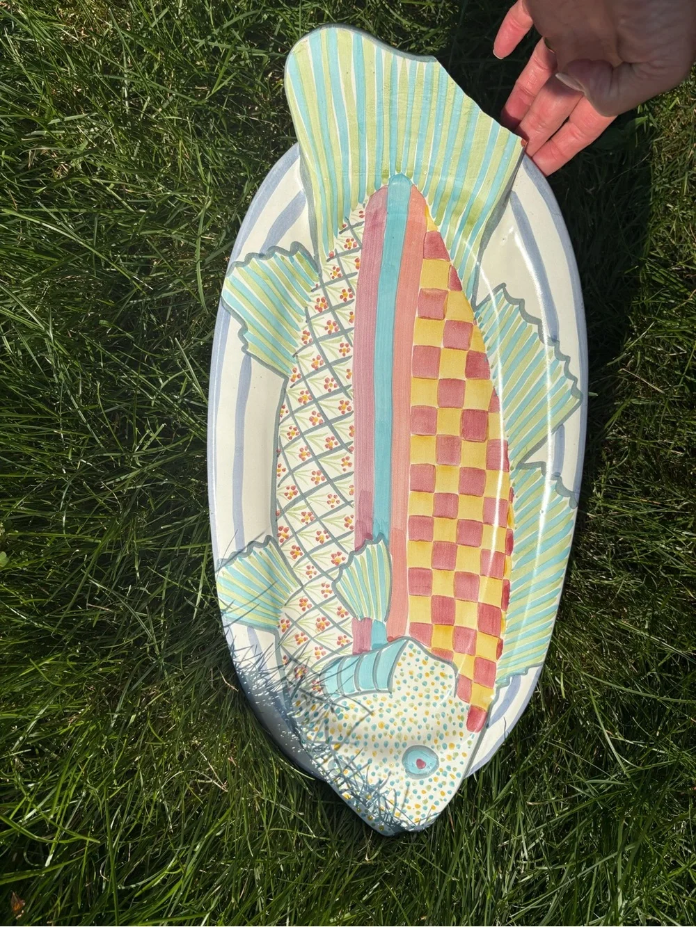 RARE HUGE 🐠 MacKenzie-Childs Fish Platter 24” Yellow, Pink, Aqua, Cream READ